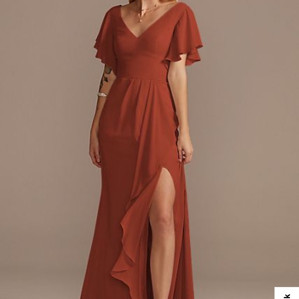 Flutter Sleeve Tall Bridesmaid Dress with Cascade
Color: Cinnamon